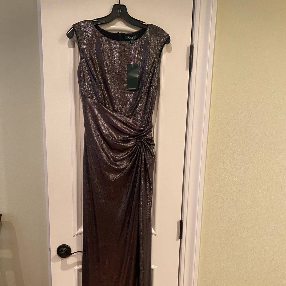 Brand new Ralph Lauren metallic wrap dress with slit